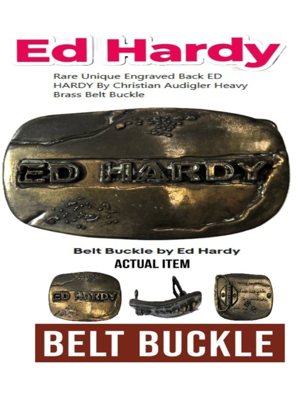 🛑 ED HARDY ➕ CHRISTIAN AUDIGLER 🆒 BELT BUCKLE Rare Engraved Brass 💸BUY NOW‼️